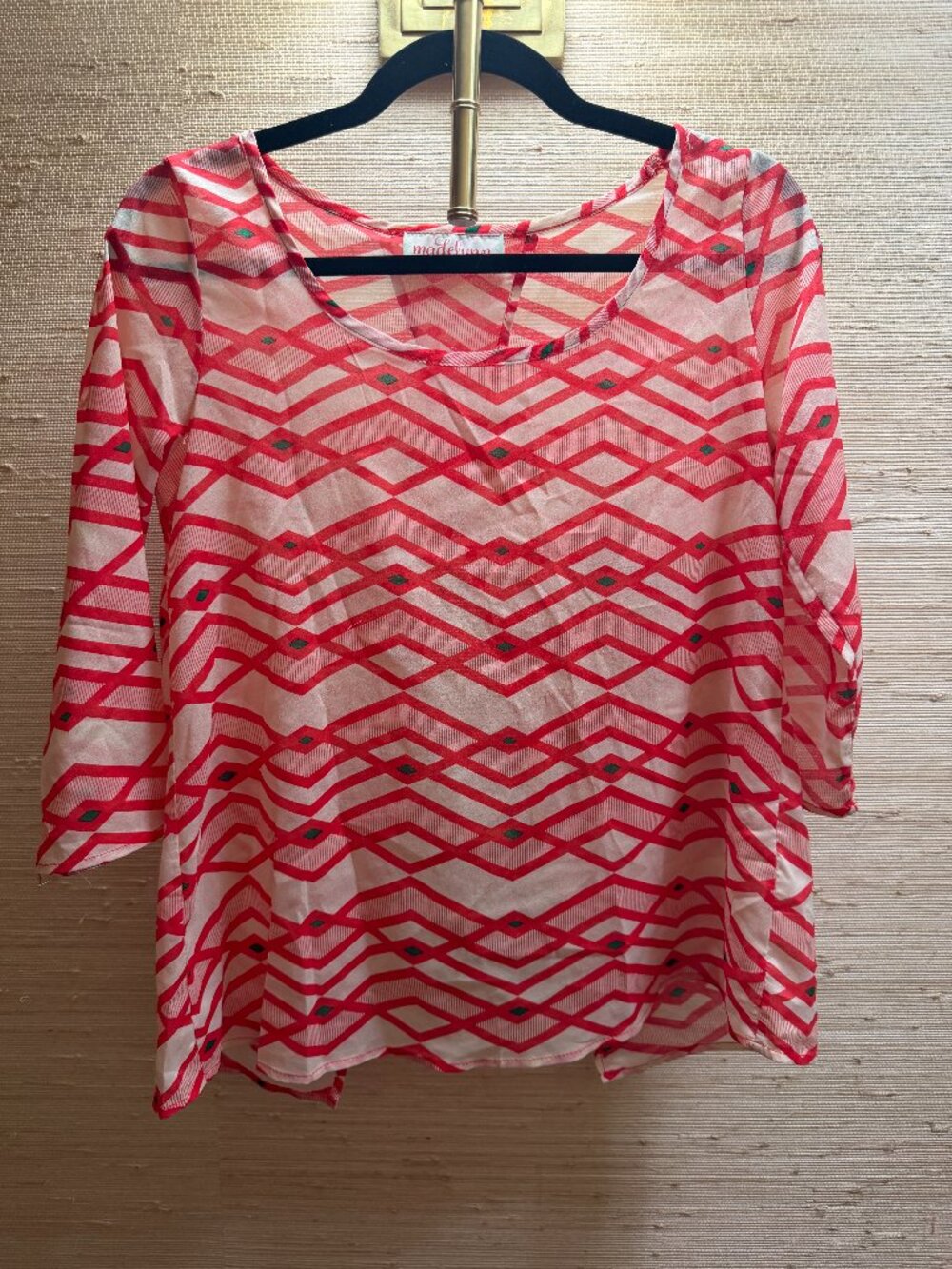 Anthropologie Madelynn Pink Geometric Open Back Blouse 3/4 Sleeve